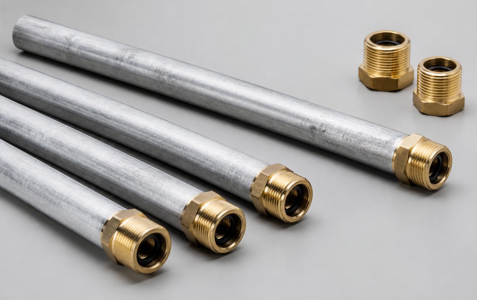 Magnezyum anot çubukları ve pirinç bağlantı tapaları